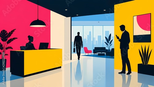 Modern Corporate Lobby with Reception and Office Workers