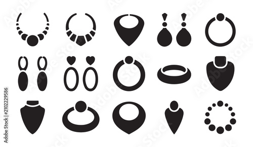 Fashion jewelry icons set featuring modern necklaces and earrings silhouettes for stylish lifestyle branding.