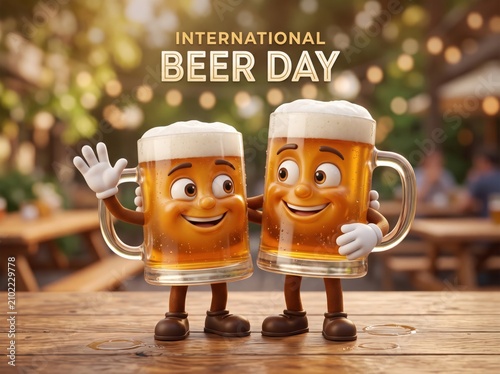 International Beer Day Banner Design Featuring Two Cute 3D Animated Beer Mug Characters Hugging on Wooden Table in Outdoor Brewery Garden with Warm Bokeh Lights for Festival Celebration Marketing