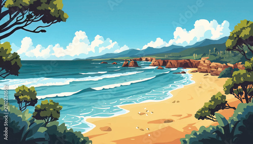 Serene tropical beach scene with clear ocean, sandy shore, coastal plants, and bright sky. Designed for travel advertising, relaxation themes, tourism campaigns, and nature projects