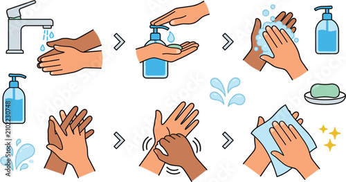 Fényképezés Hand washing steps vector set with water faucet liquid soap dispenser foaming lather bar towel and clean hygiene graphic elements