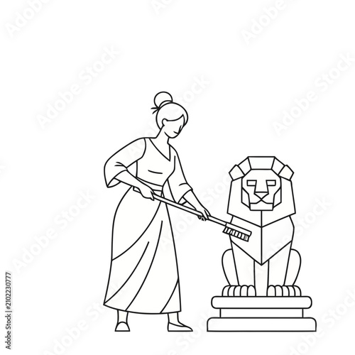 Woman cleaning a lion statue with a brush