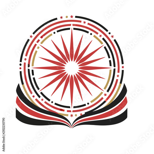 Abstract Circular Design with Red, Black, and Gold Elements