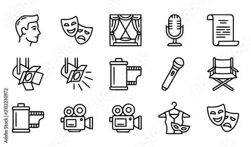 Bild auf Leinwand Theater and Film Production Line Icon Set with Drama Masks, Stage Spotlights, Mi