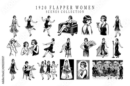 Vintage 1920s flapper women vector illustration set. Retro roaring twenties fashion silhouettes, elegant jazz age ladies dancing, drinking, and chatting in classic art deco sketch style.