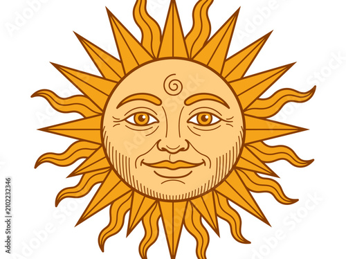 Vintage Sun with Human Face Illustration, Medieval Celestial Sunburst, Esoteric Alchemy Symbol on White