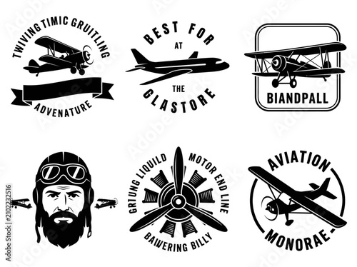 Quadro su tela Vintage Aviation Logo Set: Retro Biplanes, Pilot Portrait, and Aircraft Emblems