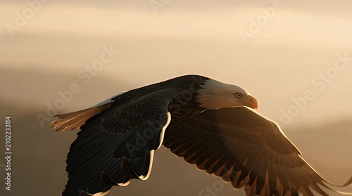 Slow Motion of Bald Eagle Flying Above Mountain Ridge