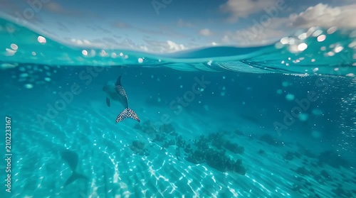 Dolphin in Clear Tropical Water with Horizon and Sunlit Water Droplets