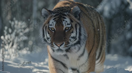 Cinematic Slow Motion of Rare Siberian Tiger Traversing Winter Landscape