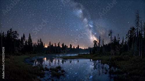 Night Sky Full of Stars Above Forest with Calm Pond Reflection