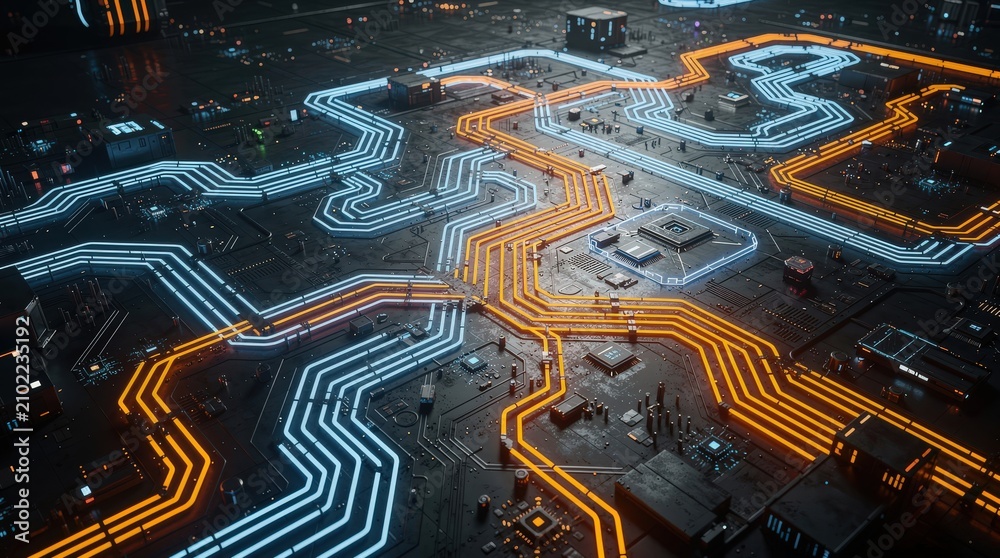 Fototapeta premium A futuristic, illuminated circuit board with intricate pathways in white and orange glowing lines representing advanced technology.