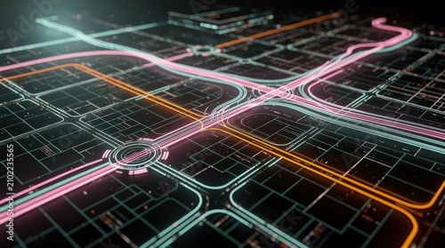 A futuristic digital map displaying illuminated roads and intersections in neon colors on a dark grid background.