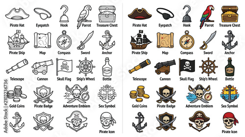 Konstfotografi Collection of Pirate Icons and Symbols in Color and Outline Styles