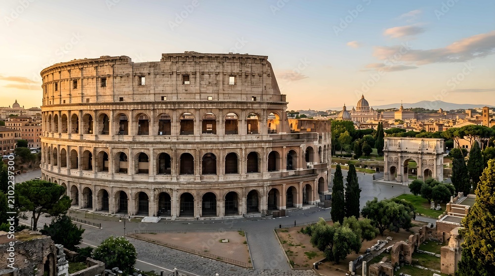 Fototapeta premium Majestic ancient amphitheater at sunset with rome city skyline