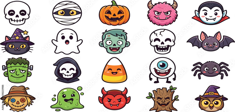 Obraz premium Chibi Halloween Monster Avatar Face Icon Pack with Cute Colorful Cartoon Vector Illustrations for Kids Game Assets, Holiday Sticker Sheets, and Spooky Seasonal Graphic Templates