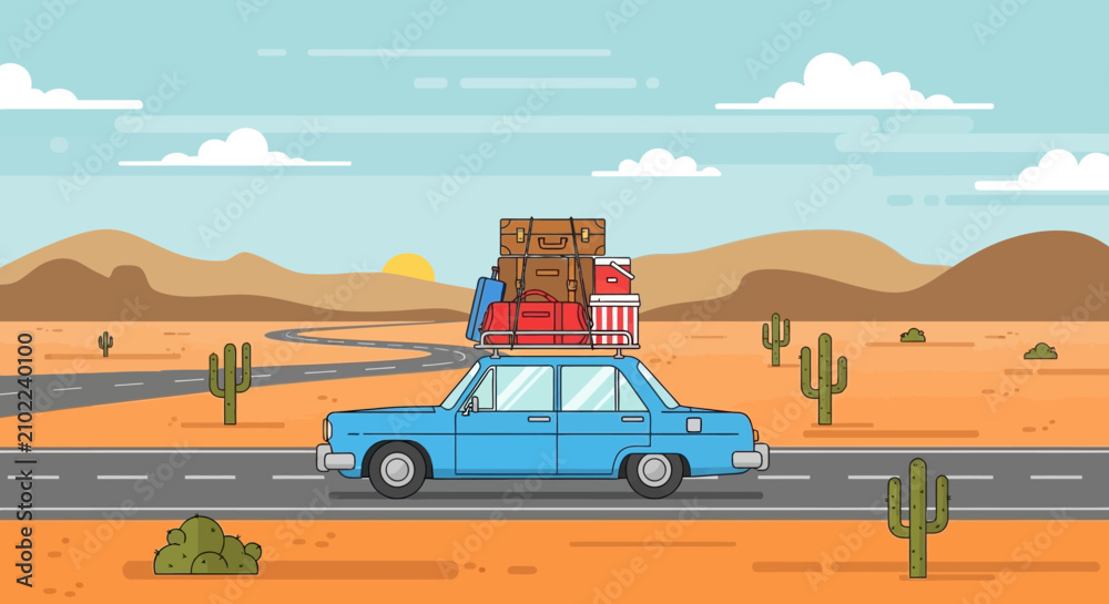 Fototapeta premium Desert Road Trip: Car Loaded with Luggage Driving Through Arid Landscape