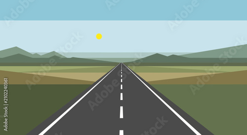Flat design road leading to horizon with mountains and sun
