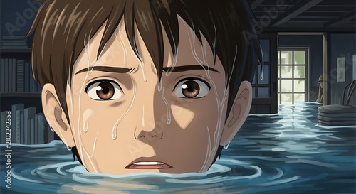 Young boy struggling to survive in a room flooded with water during a natural disaster