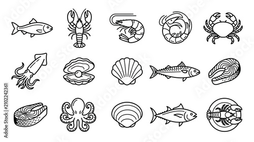 Seafood Collection: Line Art Icons of Fish, Shellfish, and Crustaceans