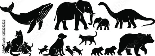 Quadro su tela Diverse Animal Silhouettes Collection with Parents and Offspring