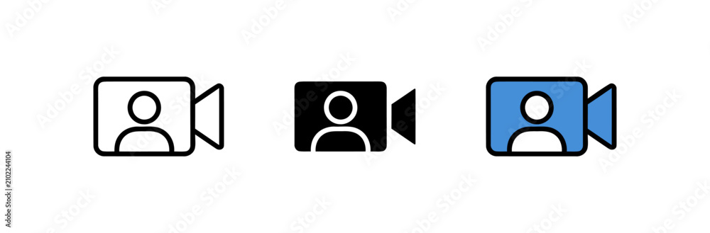 Fototapeta premium Video call line art icon in three styles including thin stroke outline flat silhouette and colored vector illustration for web and mobile application interface design simple modern graphic element set