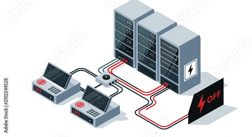 Modern data center with servers and connected devices in isometric view.