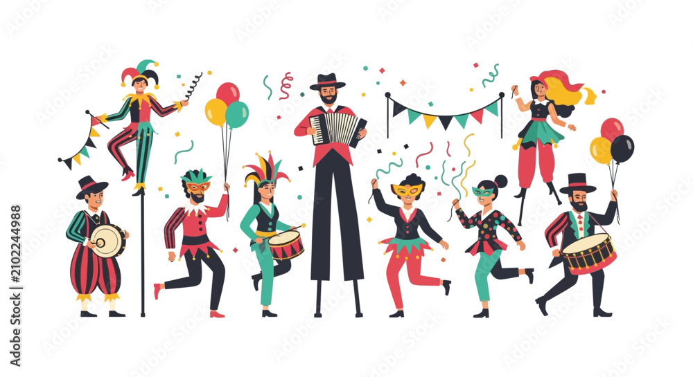 Fototapeta premium Carnival Performers and Street Musicians Vector Illustration Set