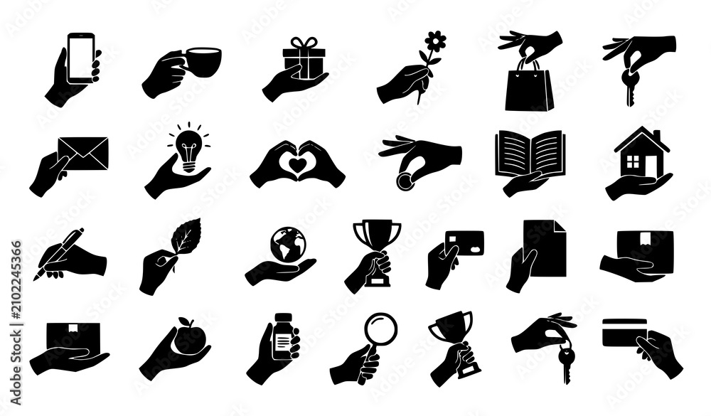 Fototapeta premium Hand Holding Objects Icons Collection with Gift Phone Book Key Trophy Home Payment Love and Everyday Lifestyle Silhouette Set