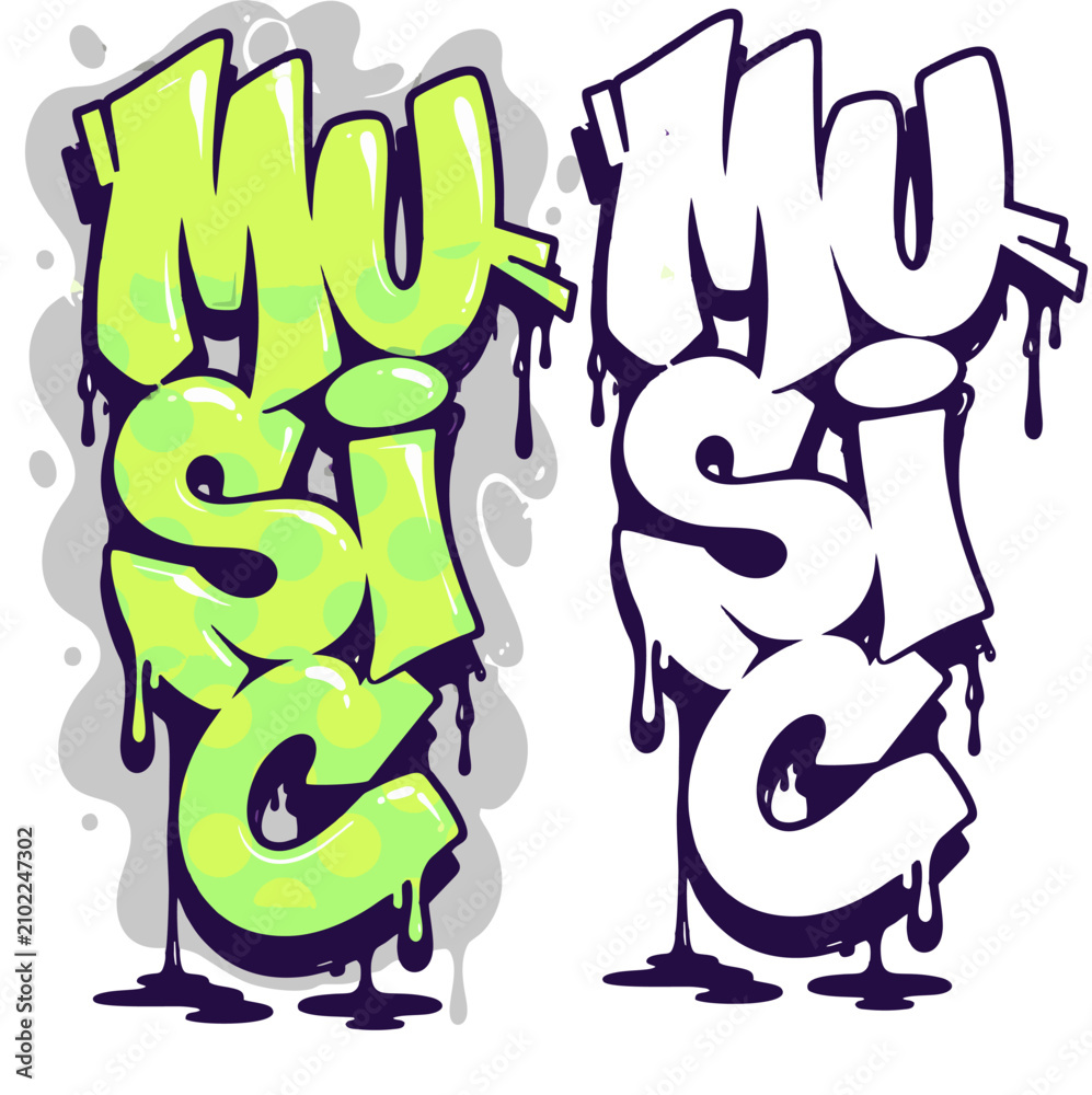 Fototapeta premium Bold music graffiti bubble lettering in classic throw-up style featuring thick outlines, urban street art aesthetics, spray paint inspiration, and dripping effects.