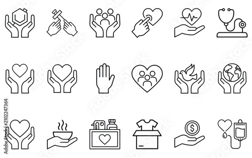 Medical care and charity line icon set featuring donation hands heart healthcare community support peace globe blood food and medicine