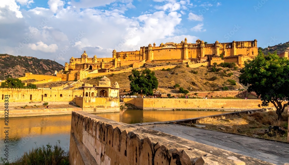 Fototapeta premium Ancient stone fortress overlooking serene river valley.