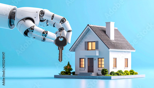 Robot Hand Offers Key to Miniature House: A futuristic robot hand extends a metal key towards a charming, miniature house, symbolizing technological advancement in real estate and home ownership.