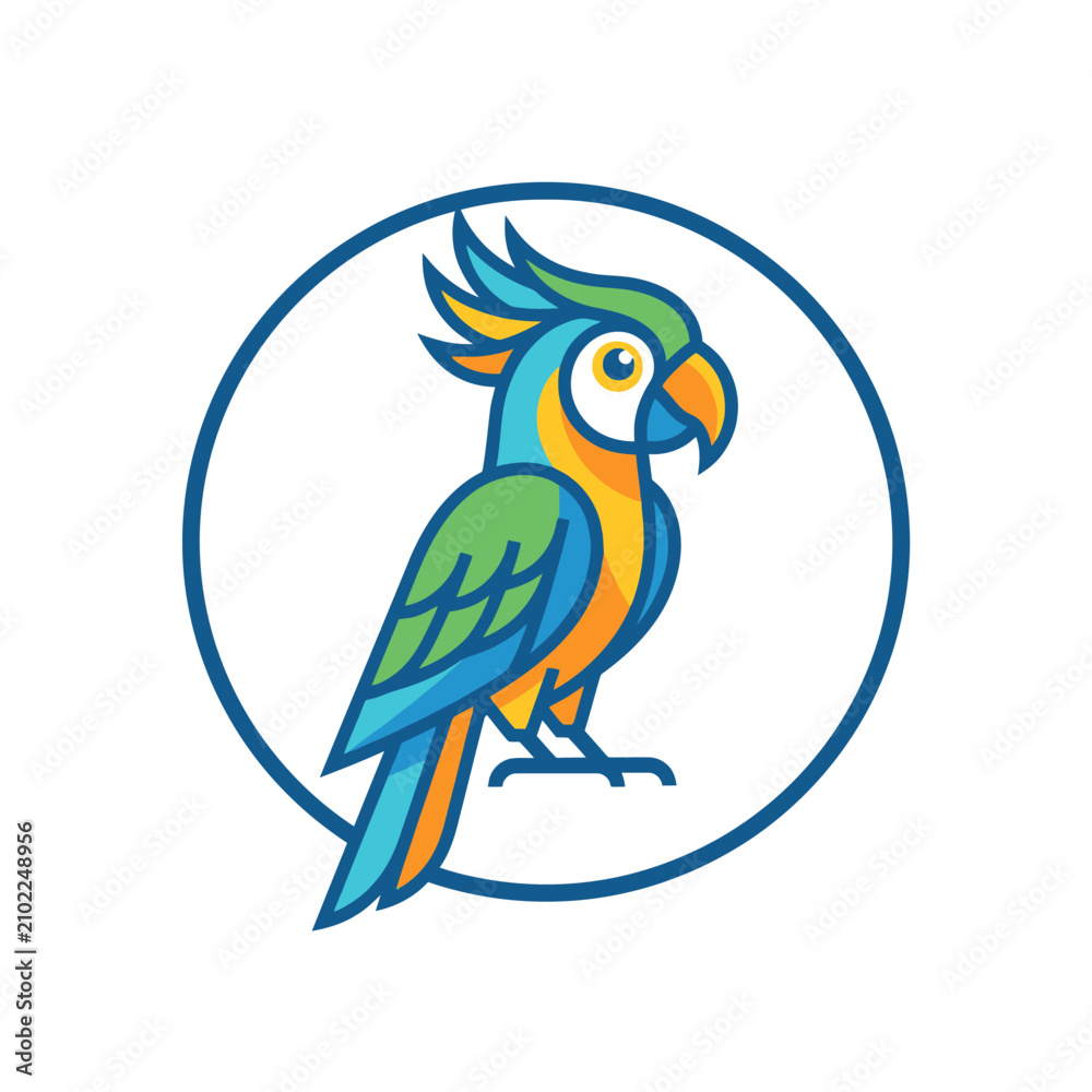 Fototapeta premium Colorful tropical parrot perched inside a circular frame.