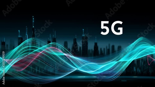 A communication network with 5G technology through colorful waves and a city skyline at night. Technology connects every point.