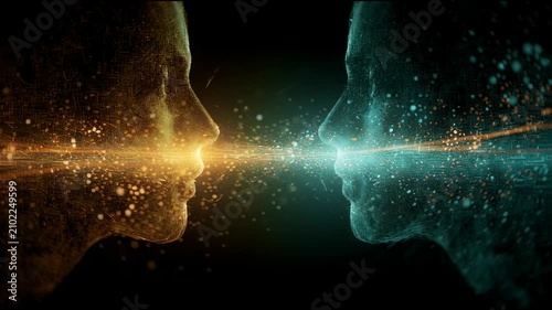Two faces created with light interact through a visual connection, showing a digital conversation in a unique art style.