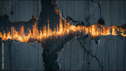 Cracked concrete wall merges with bright circuits showing an interesting mix of urban textures and artificial light effects.