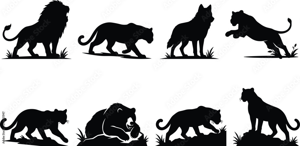 Fototapeta premium Black wild animal predator silhouette vector set featuring lion panther tiger wolf and bear