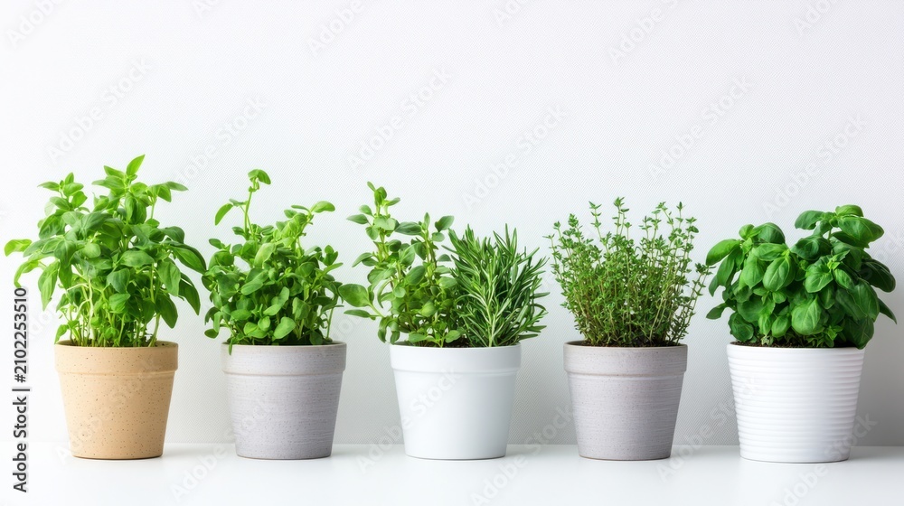 Fototapeta premium Five Potted Green Herb Plants in White and Beige Ceramic Planters on White Background herbs leaves