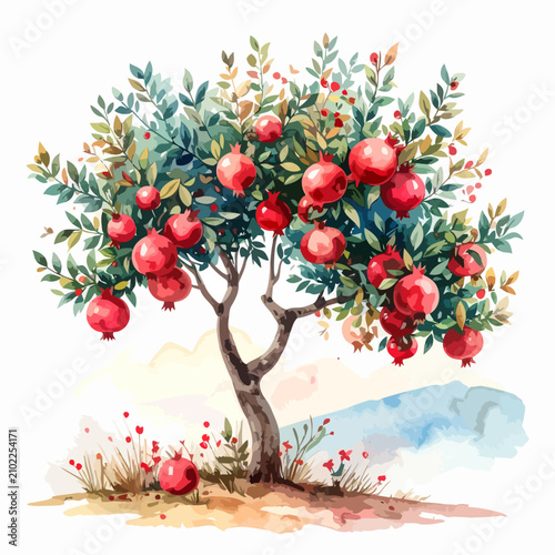 Watercolor Pomegranate Tree Laden with Ripe Red Fruits.