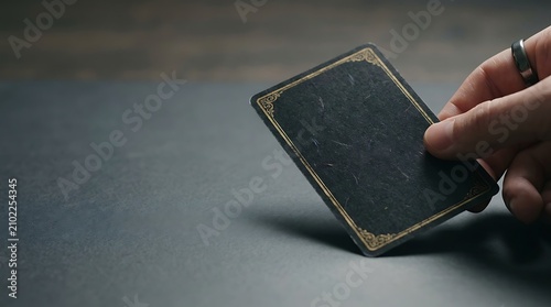 Person holding vintage black playing card with gold trim