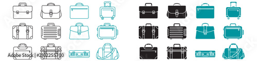 Collection of diverse briefcase and luggage vector illustrations in black and teal graphic design on transparent background