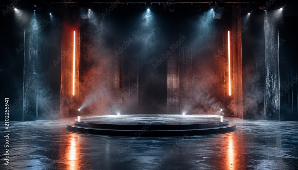 Obraz premium Futuristic empty stage with dramatic spotlights and glowing orange lights