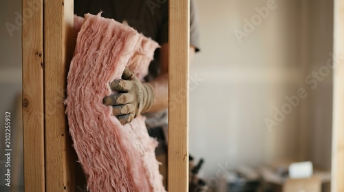 Worker installing pink fiberglass insulation between wooden wall studs