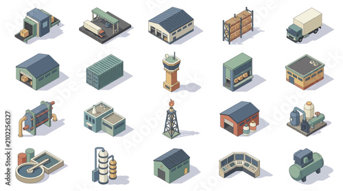 Collection of industrial and manufacturing buildings including warehouses, factories, storage tanks, and utility structures
