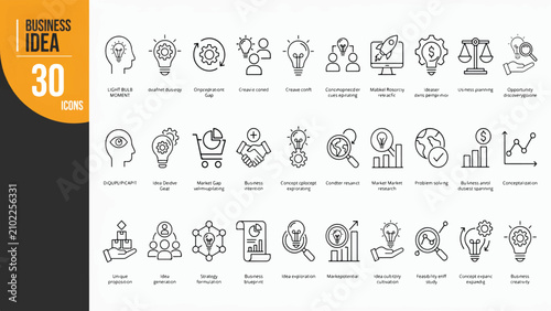 Set of thin line icons representing business startup development creative thinking strategy and innovation
