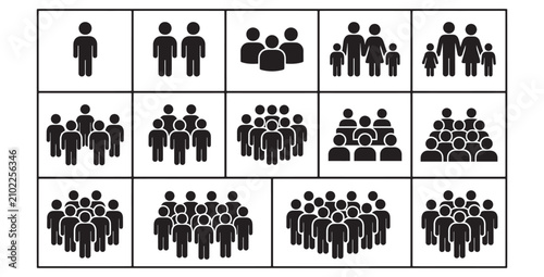 Collection of simplified black pictogram figures representing various group sizes and family units on transparent background
