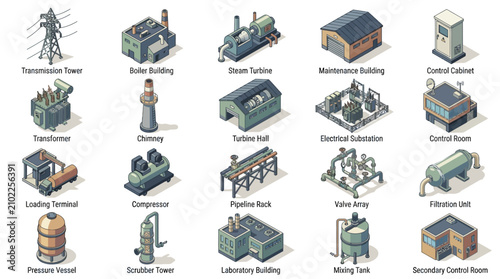 Comprehensive industrial power plant components including turbines, transformers, control systems, and utility structures for