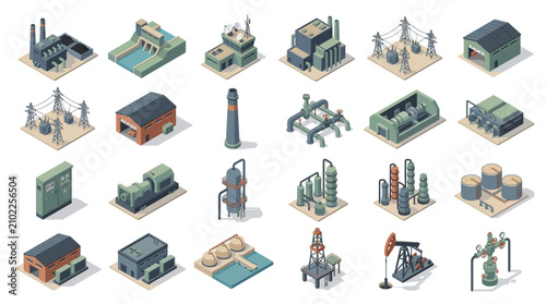 Comprehensive illustration of industrial facilities including factories, power plants, and utility structures for energy