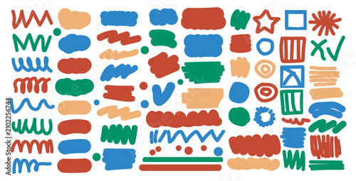 Collection of colorful abstract doodle shapes and scribbles as a graphic design element on transparent background